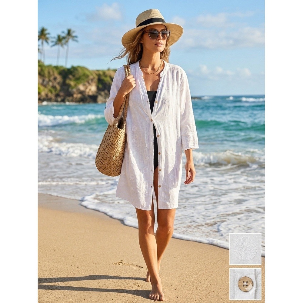 Rosemarine 100% Linen Embroidered White Tunic Shirt Top Beach Cover Up Women's M